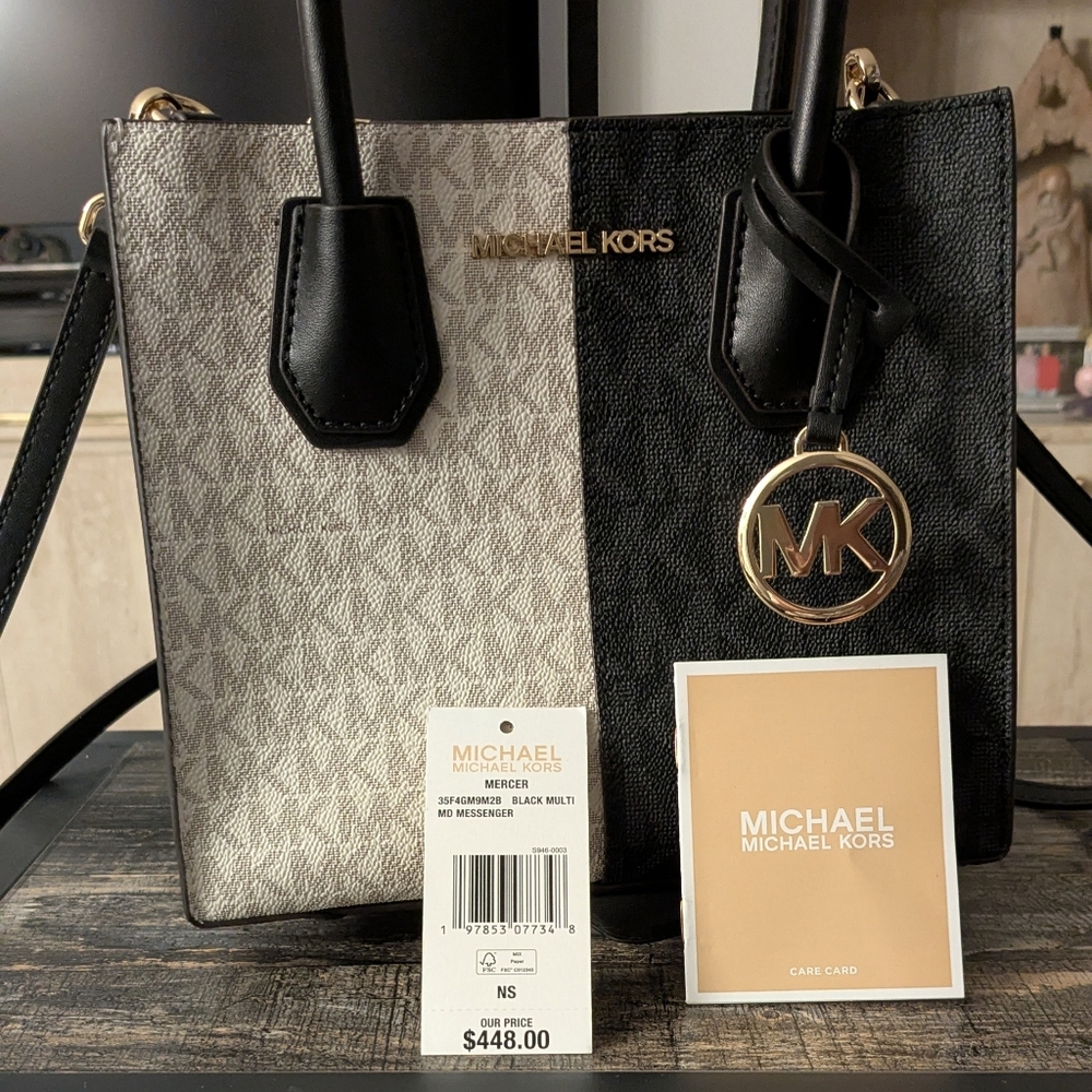 Michael Michael Kors Black and Tan Mercer Mini Messanger Bag - Picture 1 of 8